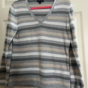 Tommy Hilfiger Gray & White Striped V-Neck Sweater